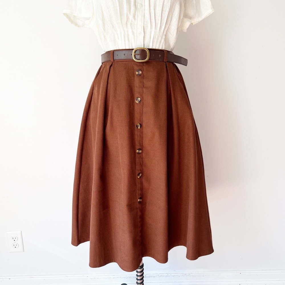 xiaolizi Etsy Brown Button Front Midi Skirt Pockets Classic Retro Academic Large